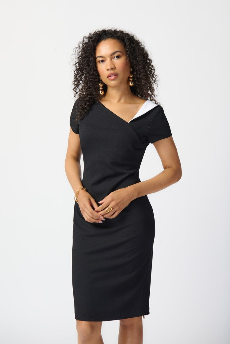 JOSEPH RIBKOFF SCUBA CREPE ASYMMETRICAL NECKLINE SHEATH DRESS | STYLE 241047 | COLOUR: BLACK/VANILLA