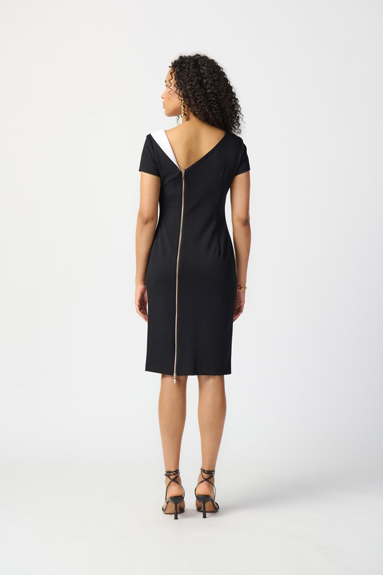 JOSEPH RIBKOFF SCUBA CREPE ASYMMETRICAL NECKLINE SHEATH DRESS | STYLE 241047 | COLOUR: BLACK/VANILLA