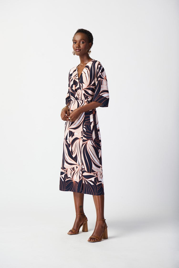 JOSEPH RIBKOFF TROPICAL PRINT WOVEN WRAP DRESS | STYLE 241114 | COLOUR: MIDNIGHT BLUE/MULTI