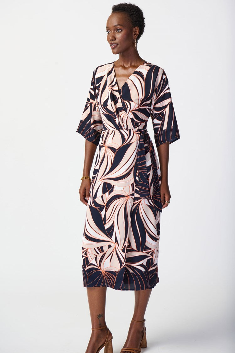 JOSEPH RIBKOFF TROPICAL PRINT WOVEN WRAP DRESS | STYLE 241114 | COLOUR: MIDNIGHT BLUE/MULTI