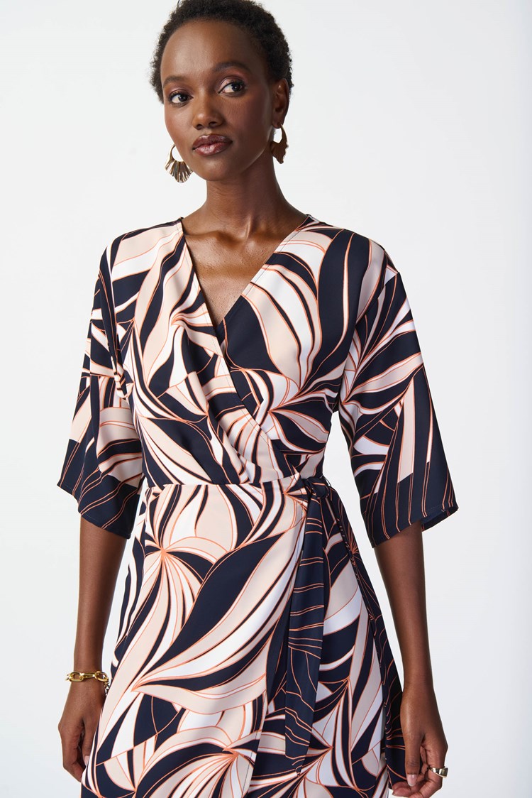 JOSEPH RIBKOFF TROPICAL PRINT WOVEN WRAP DRESS | STYLE 241114 | COLOUR: MIDNIGHT BLUE/MULTI