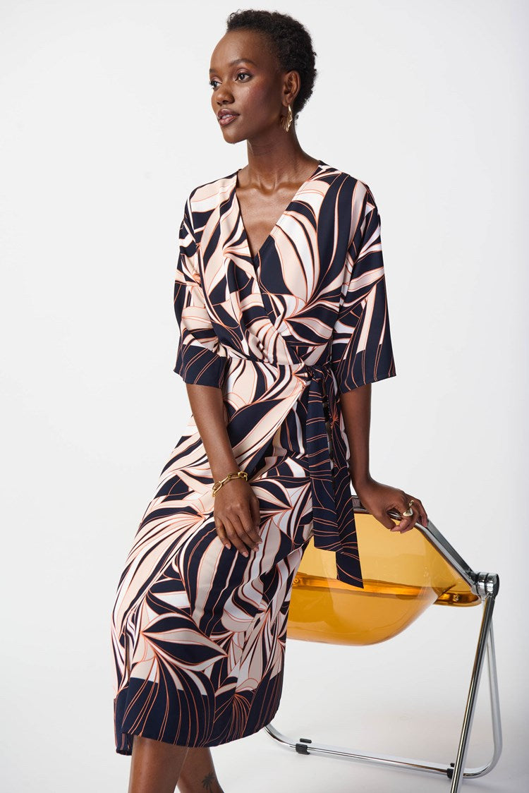 JOSEPH RIBKOFF TROPICAL PRINT WOVEN WRAP DRESS | STYLE 241114 | COLOUR: MIDNIGHT BLUE/MULTI