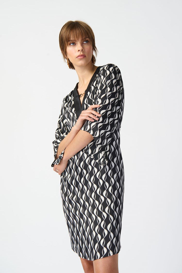 JOSEPH RIBKOFF GEOMETRIC PRINT DRESS STYLE 241141 COLOUR BLACK/MOONSTONE