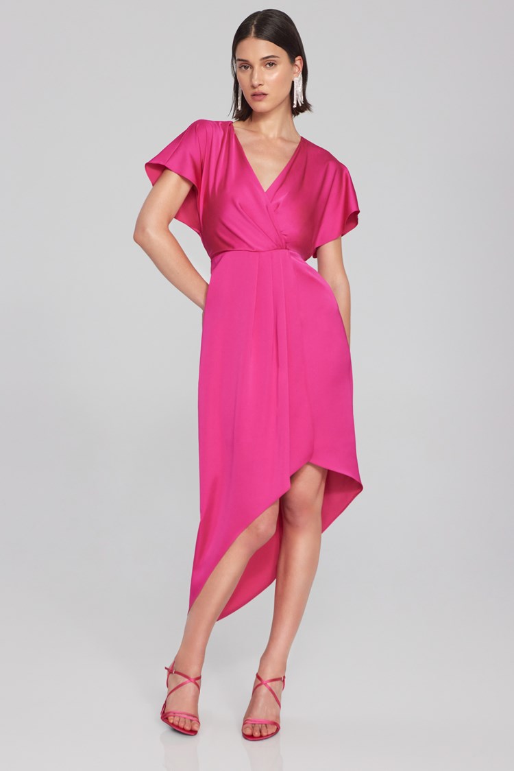 JOSEPH RIBKOFF SATIN ASYMMETRICAL FLOWY WRAP DRESS | STYLE 241777 | COLOUR: SHOCKING PINK