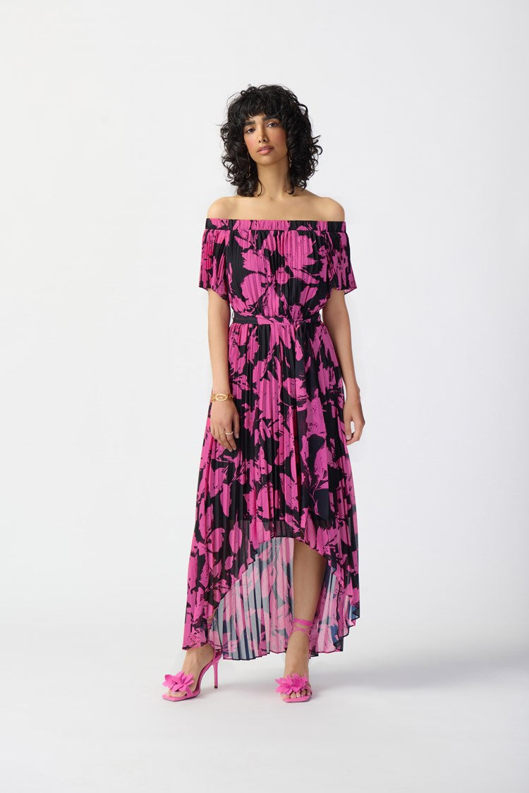 JOSEPH RIBKOFF FLORAL PRINT CHIFFON OFF-SHOULDER PLEATED DRESS | STYLE 241908 | COLOUR: BLACK/PINK