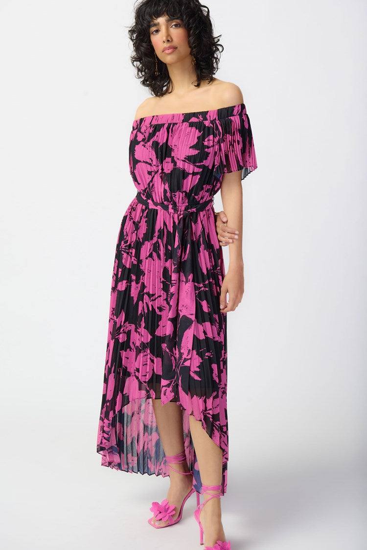 JOSEPH RIBKOFF FLORAL PRINT CHIFFON OFF-SHOULDER PLEATED DRESS | STYLE 241908 | COLOUR: BLACK/PINK
