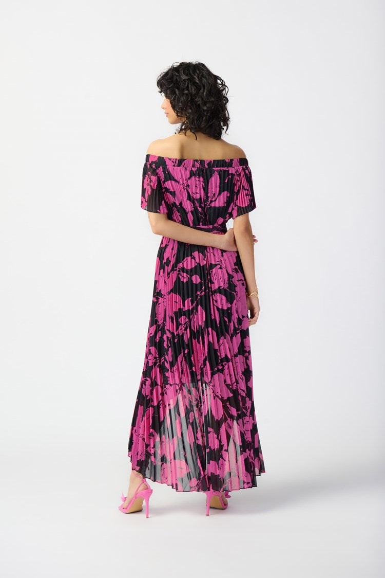 JOSEPH RIBKOFF FLORAL PRINT CHIFFON OFF-SHOULDER PLEATED DRESS | STYLE 241908 | COLOUR: BLACK/PINK
