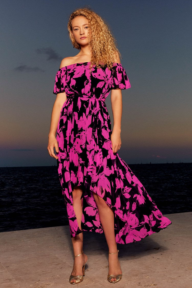 JOSEPH RIBKOFF FLORAL PRINT CHIFFON OFF-SHOULDER PLEATED DRESS | STYLE 241908 | COLOUR: BLACK/PINK