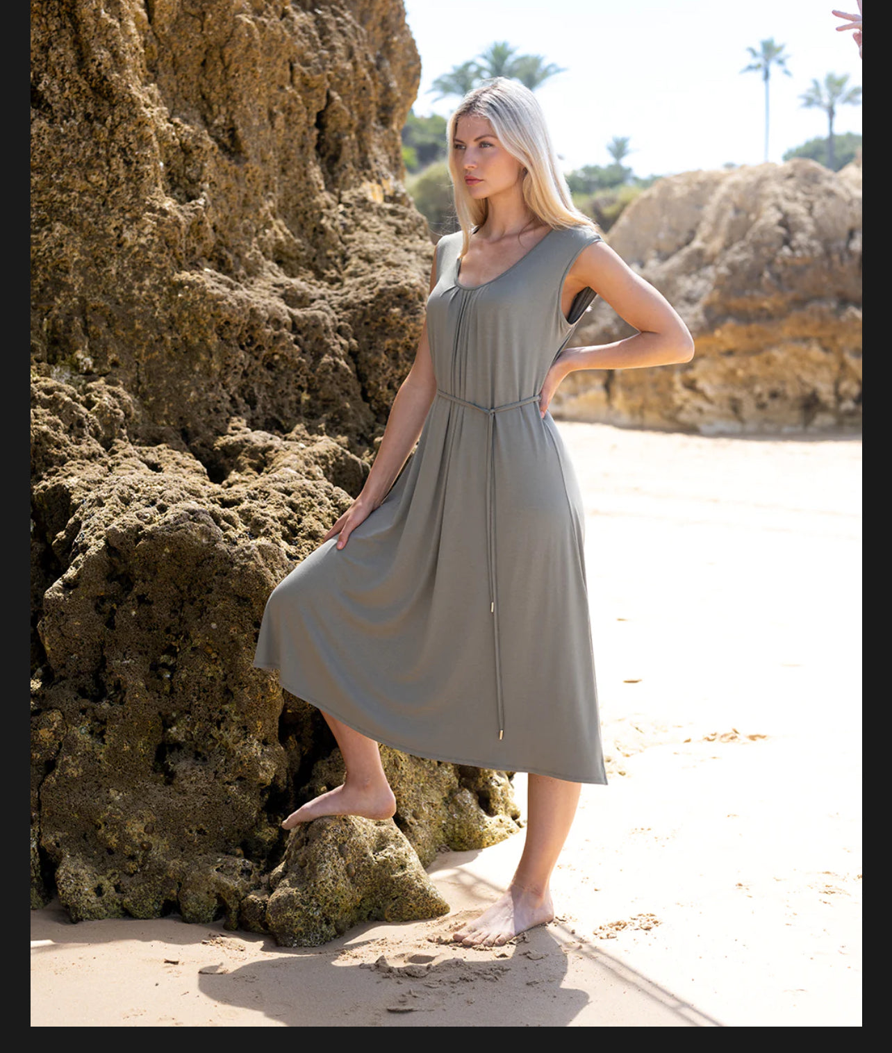 MARBLE SCOOP NECK FIT AND FLARE DRESS | STYLE 7456 COLOUR KHAKI (123)