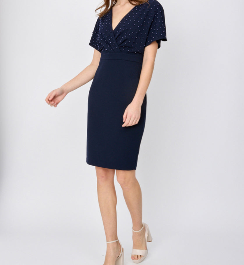 JOSEPH RIBKOFF SCUBA CREPE WRAP DRESS WITH PEARL DETAIL | STYLE 241761 | COLOUR: MIDNIGHT BLUE