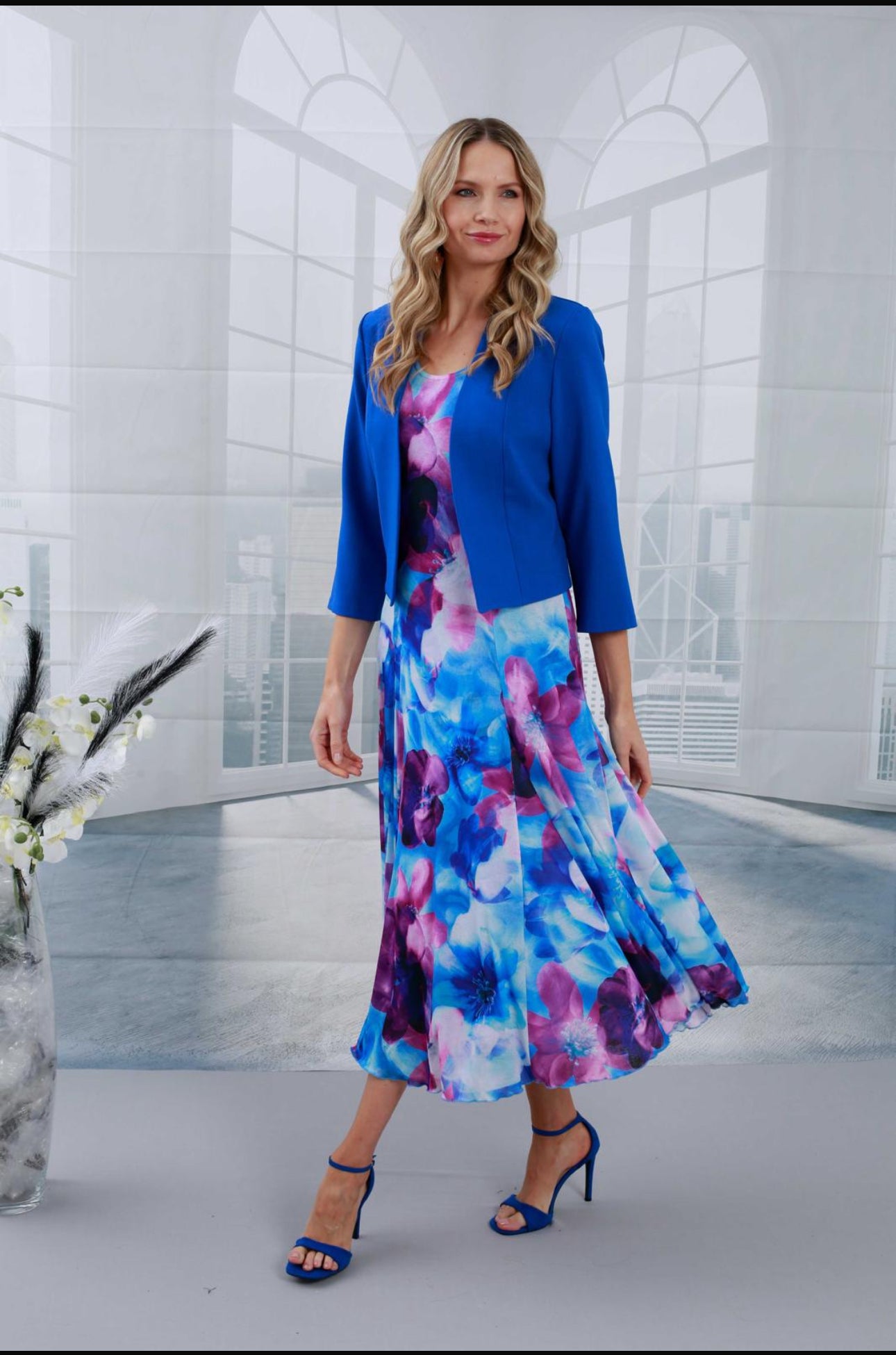 GLITZ DRESS AND JACKET STYLE 1466 COLOUR COBALT/PINK MULTI
