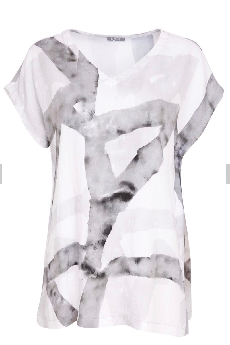 NAYA V NECK PATTERNED TOP STYLE NAS26314 COLOUR WHITE/GRANITE