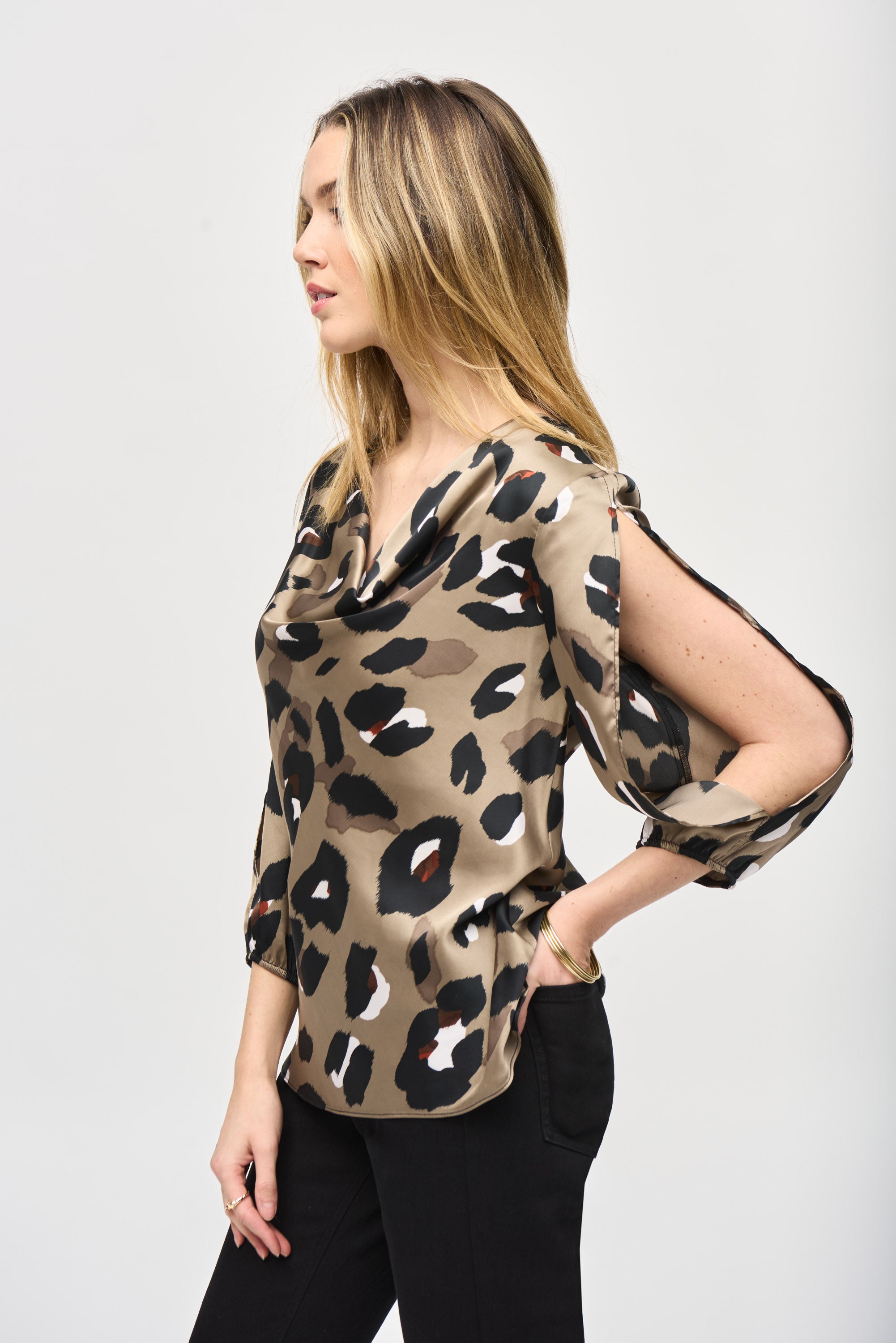 JOSEPH RIBKOFF SATIN ANIMAL PRINT TOP STYLE 243108 COLOUR BLACK.MULTI