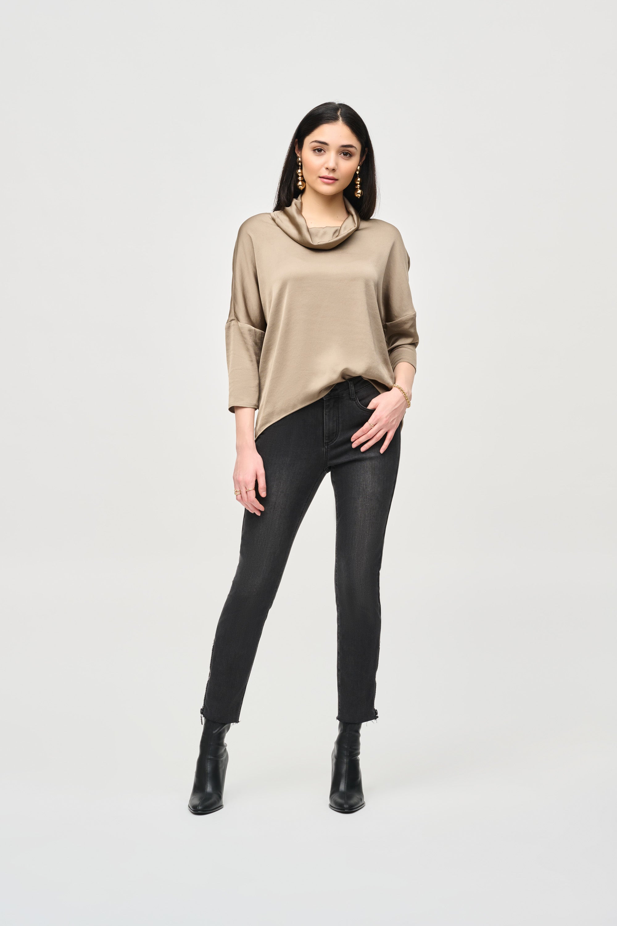 JOSEPH RIBKOFF SATIN COWL COLLAR TOP STYLE 243189 COLOUR JAVA