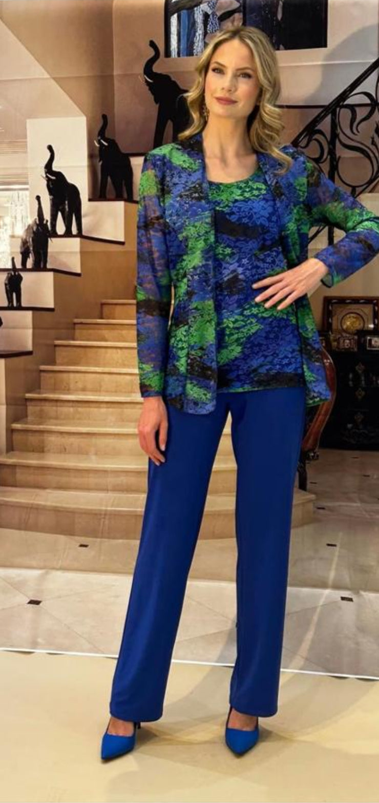 GLITZ THREE PIECE TROUSER SUIT STYLE 1253 COLOUR ROYAL/EMERALD