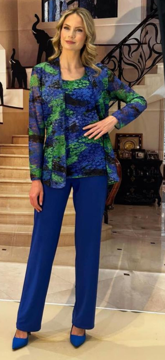 GLITZ THREE PIECE TROUSER SUIT STYLE 1253 COLOUR ROYAL/EMERALD