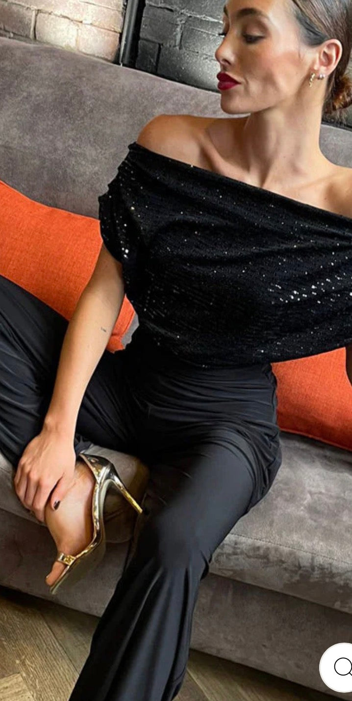 ATOM LABEL CARBON JUMPSUIT IN BLACK SPARKLE