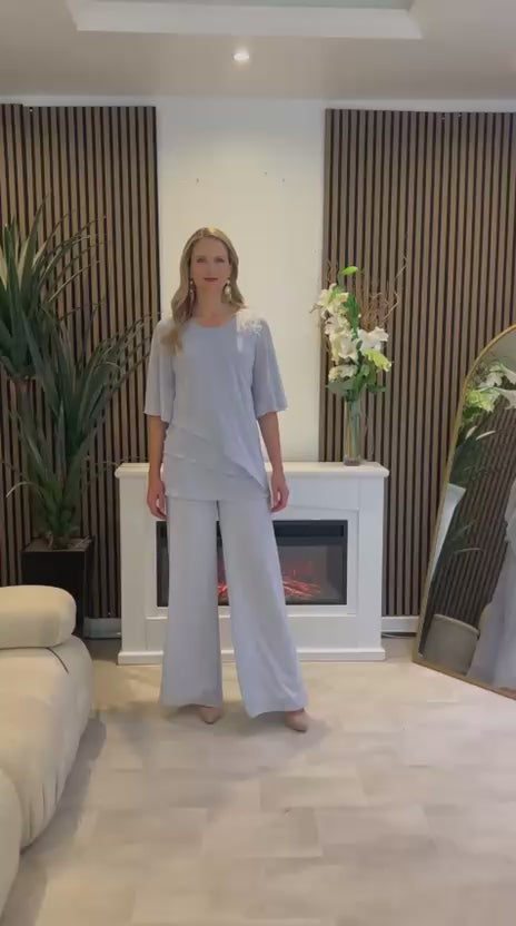GLITZ TWO PIECE CHIFFON TROUSER SUIT STYLE 1552 COLOUR SILVER GREY