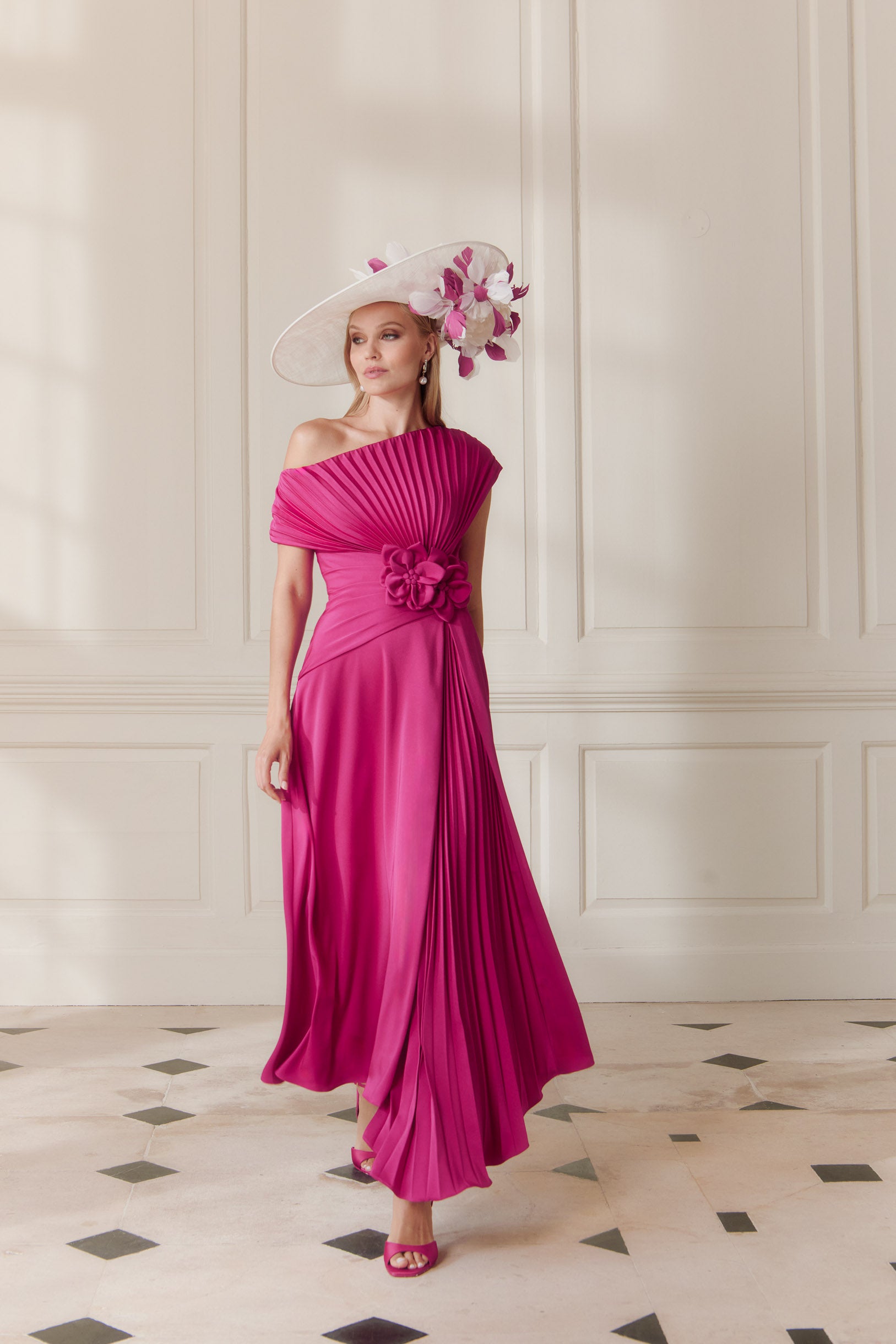 JOHN CHARLES DRESS STYLE 66710 CREPE & CUT WORK COLOUR RUBY PINK