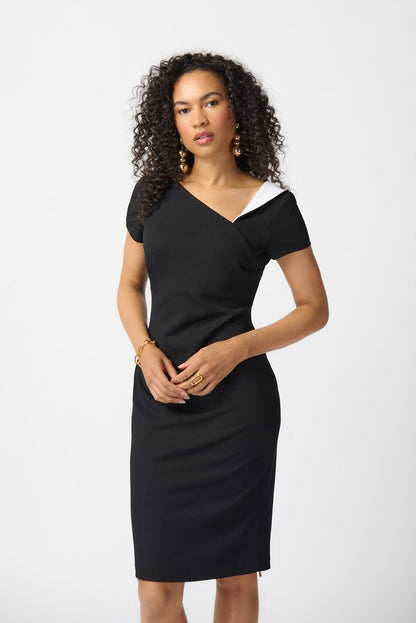 JOSEPH RIBKOFF SCUBA CREPE ASYMMETRICAL NECKLINE SHEATH DRESS | STYLE 241047 | COLOUR: BLACK/VANILLA