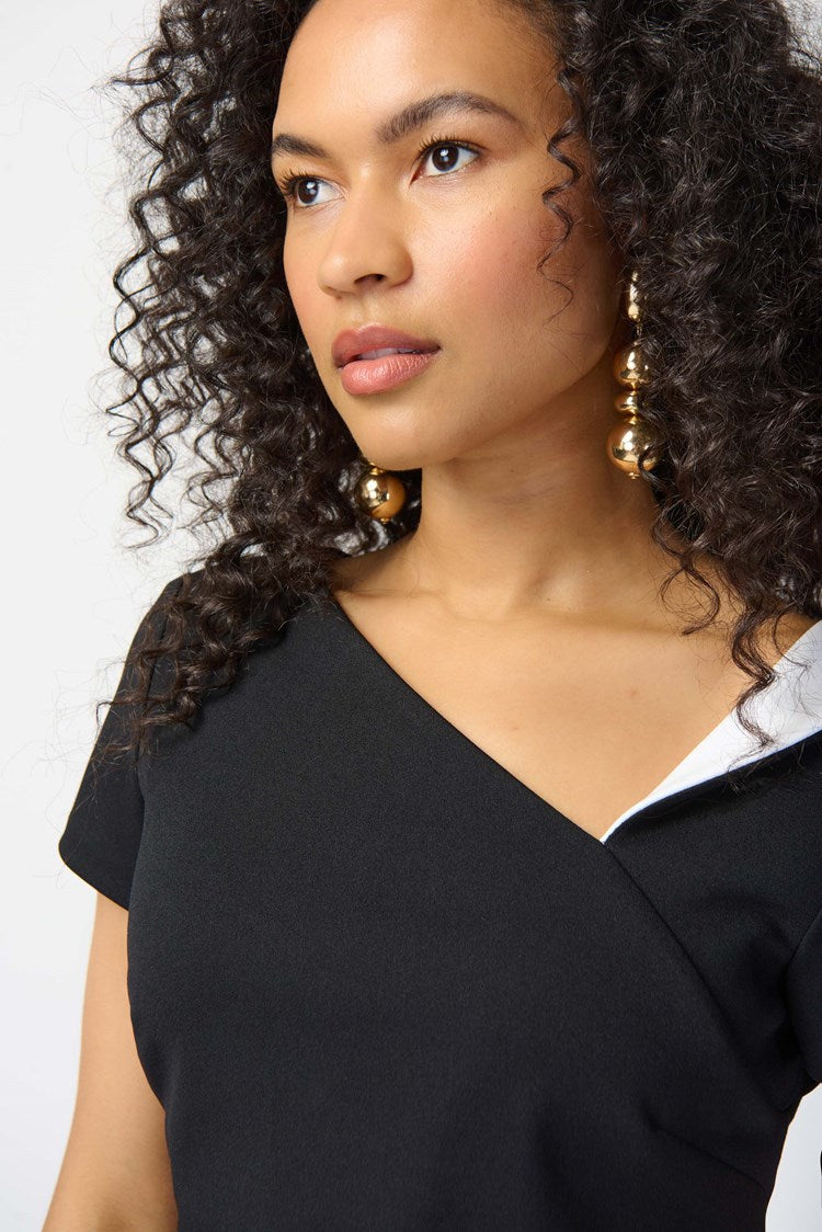 JOSEPH RIBKOFF SCUBA CREPE ASYMMETRICAL NECKLINE SHEATH DRESS | STYLE 241047 | COLOUR: BLACK/VANILLA