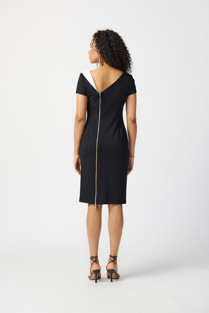 JOSEPH RIBKOFF SCUBA CREPE ASYMMETRICAL NECKLINE SHEATH DRESS | STYLE 241047 | COLOUR: BLACK/VANILLA