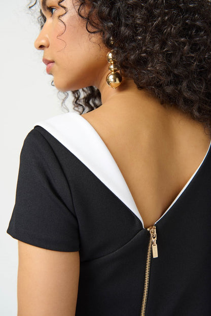 JOSEPH RIBKOFF SCUBA CREPE ASYMMETRICAL NECKLINE SHEATH DRESS | STYLE 241047 | COLOUR: BLACK/VANILLA