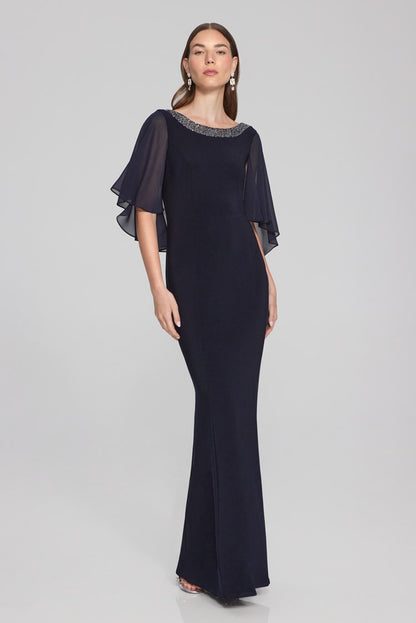 JOSEPH RIBKOFF SILKY KNIT AND CHIFFON TRUMPET GOWN | STYLE 241717 | COLOUR: MIDNIGHT BLUE