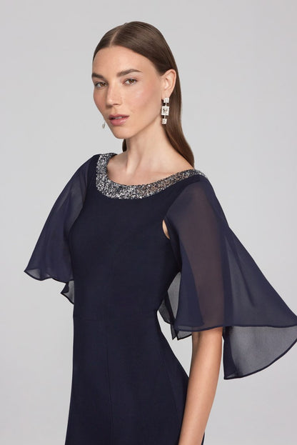 JOSEPH RIBKOFF SILKY KNIT AND CHIFFON TRUMPET GOWN | STYLE 241717 | COLOUR: MIDNIGHT BLUE