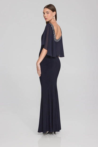 JOSEPH RIBKOFF SILKY KNIT AND CHIFFON TRUMPET GOWN | STYLE 241717 | COLOUR: MIDNIGHT BLUE