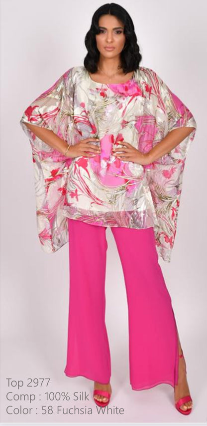 ALLISON PURE SILK TOP AND CHIFFON TROUSER STYLE 2975/250 COLOUR FUSCHIA/WHITE