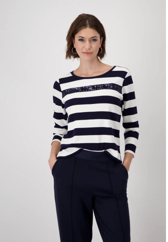 MONARI STRIPED SWEATSHIRT WITH SEQUINS STYLE 409136 COLOUR NAVY/WHITE