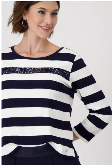 MONARI STRIPED SWEATSHIRT WITH SEQUINS STYLE 409136 COLOUR NAVY/WHITE