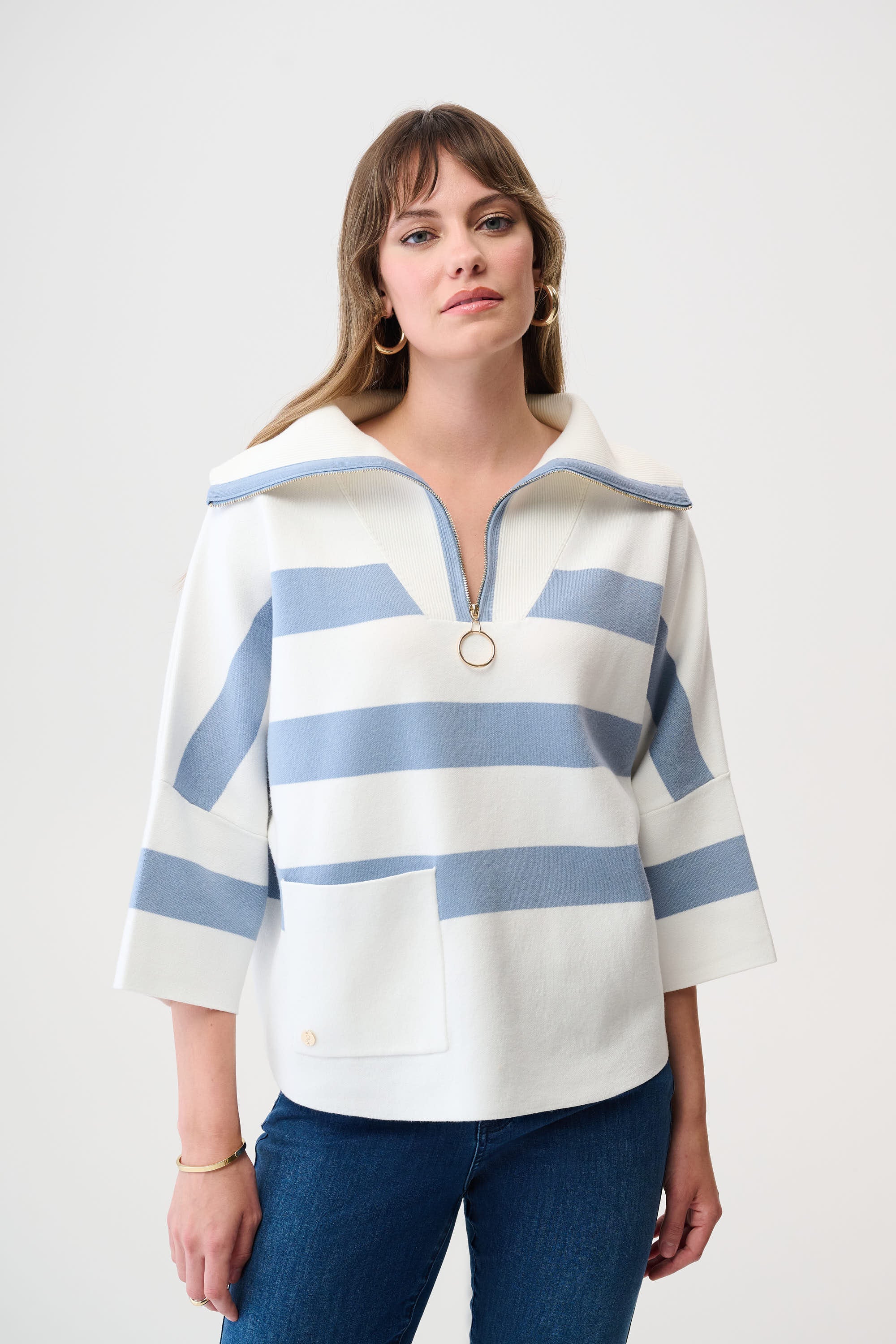 JOSEPH RIBKOFF STRIP PRINT BOXY SWEATER STYLE 261983 COLOUR WINTER WHITE/CHAMBRAY