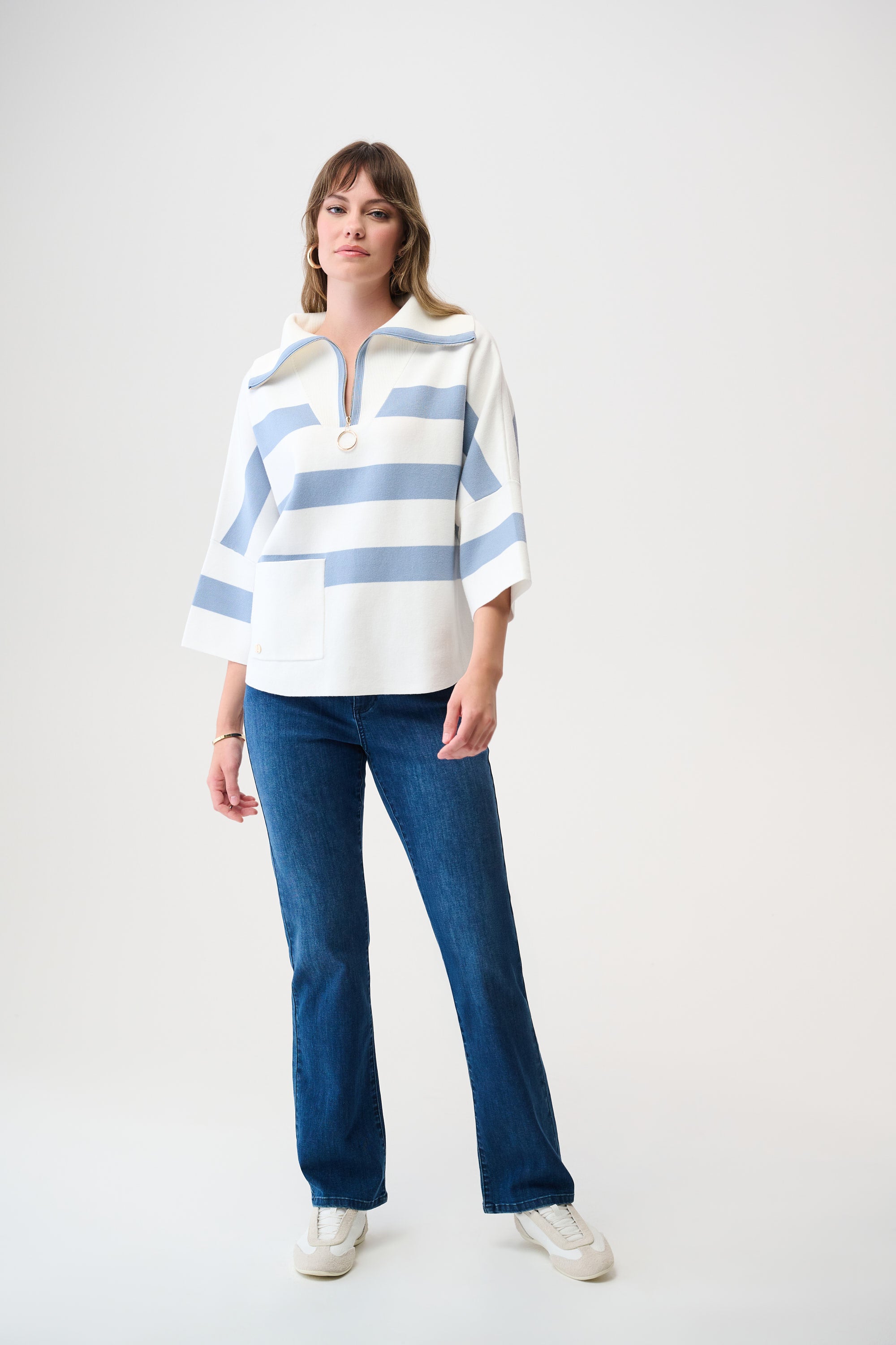 JOSEPH RIBKOFF STRIP PRINT BOXY SWEATER STYLE 261983 COLOUR WINTER WHITE/CHAMBRAY
