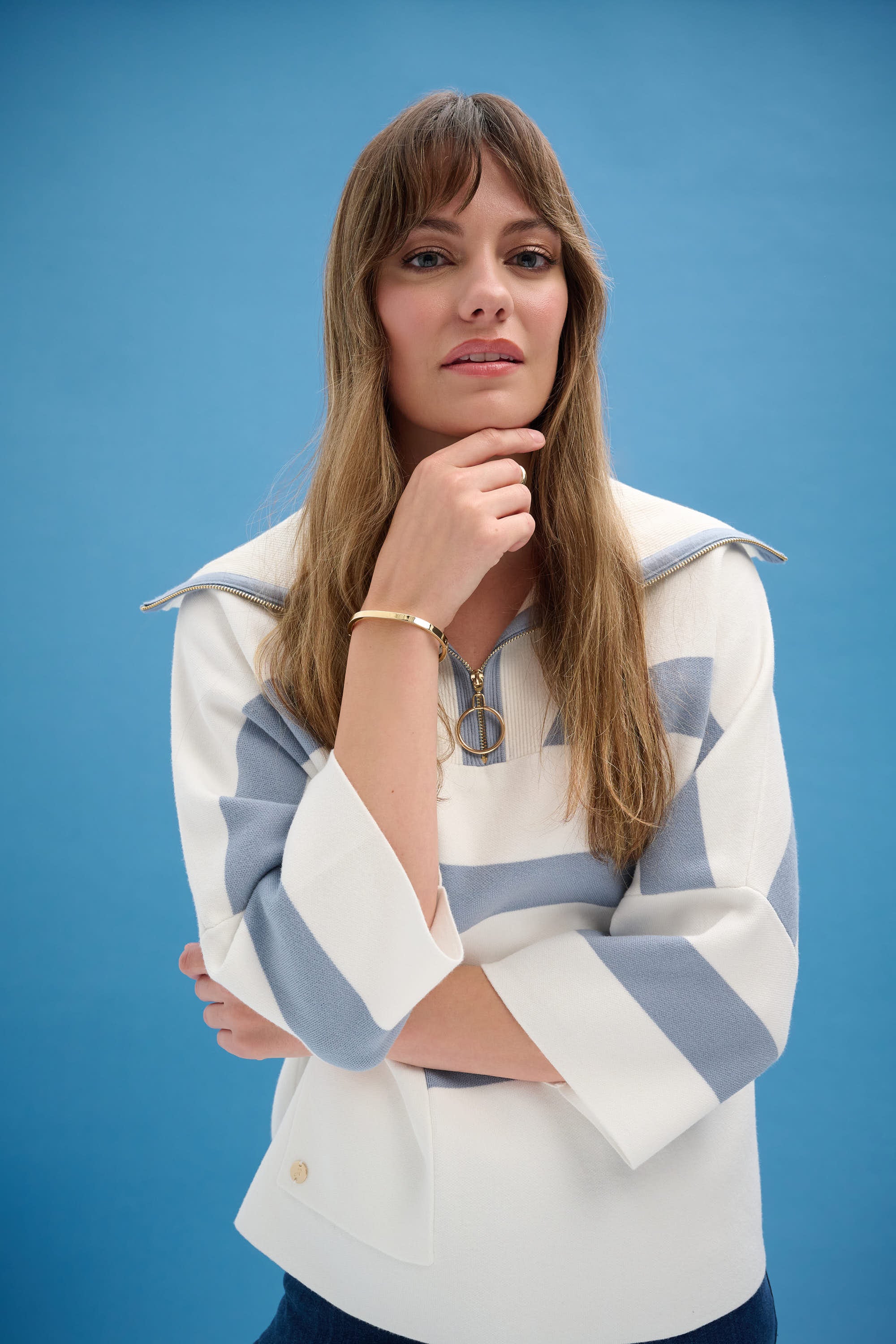 JOSEPH RIBKOFF STRIP PRINT BOXY SWEATER STYLE 261983 COLOUR WINTER WHITE/CHAMBRAY