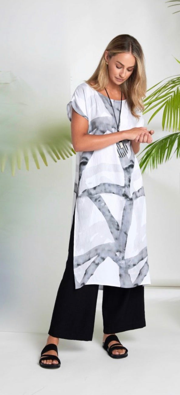 NAYA MARBLE RIBBON PRINT DRESS STYLE NAS26313 COLOUR WHITE/GRANITE