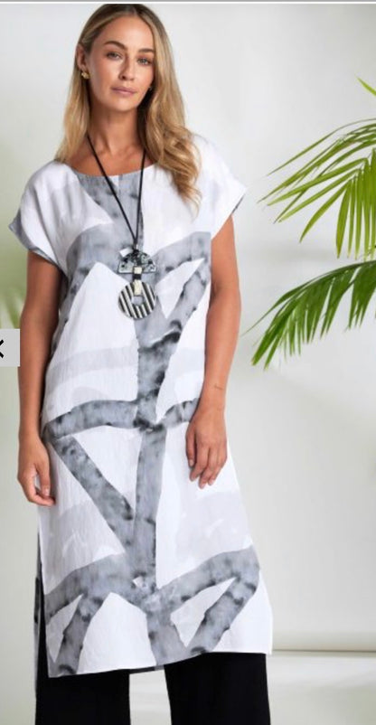NAYA MARBLE RIBBON PRINT DRESS STYLE NAS26313 COLOUR WHITE/GRANITE