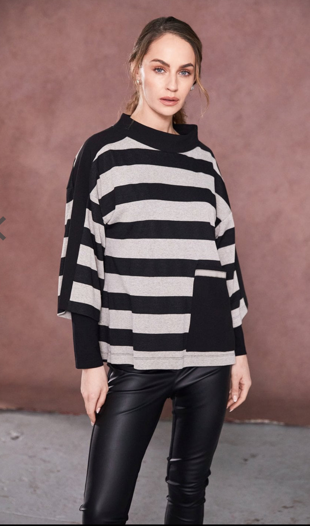 NAYA WOVEN STRIPED HIGH NECK TOP STYLE NAW25269 COLOUR BLACK & TAUPE