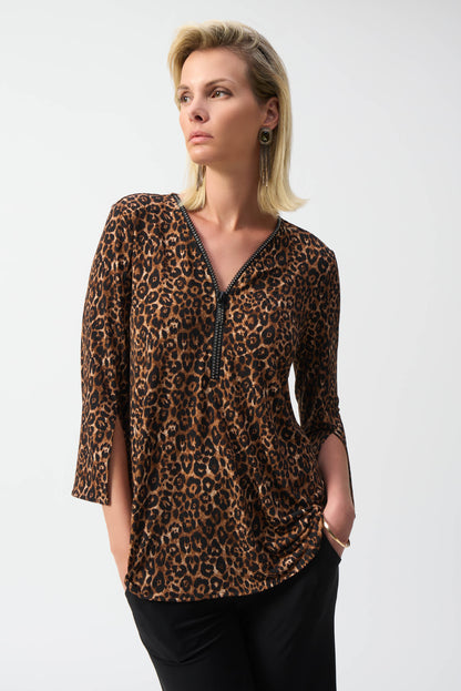 JOSEPH RIBKOFF SILKY KNIT ANIMAL PRINT TUNIC STYLE 244252 COLOUR BEIGE/BLACK