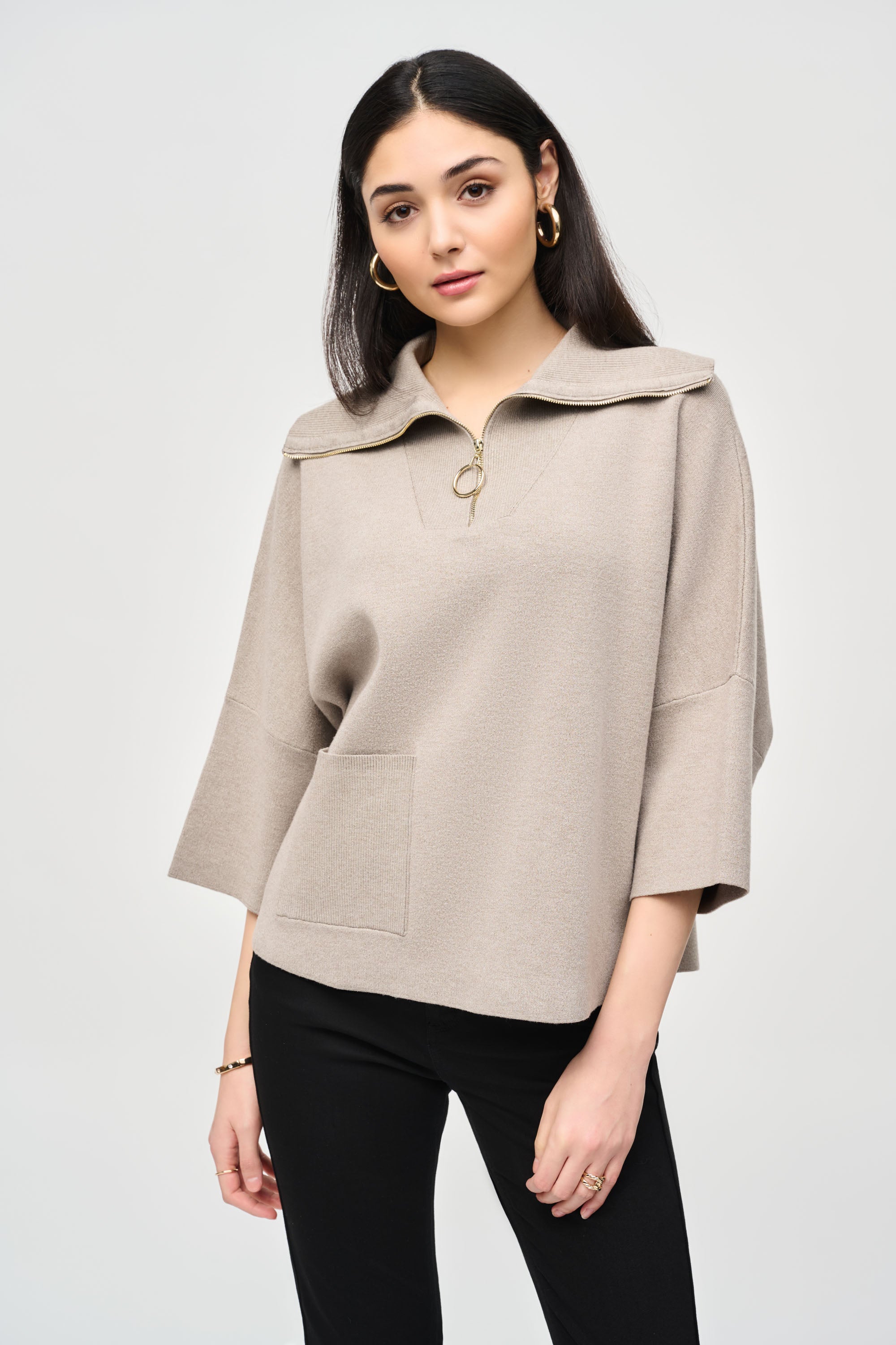 JOSEPH RIBKOFF JACQUARD ZIPPED COLLAR SWEATER STYLE 243954 COLOUR TAUPE MELANGE