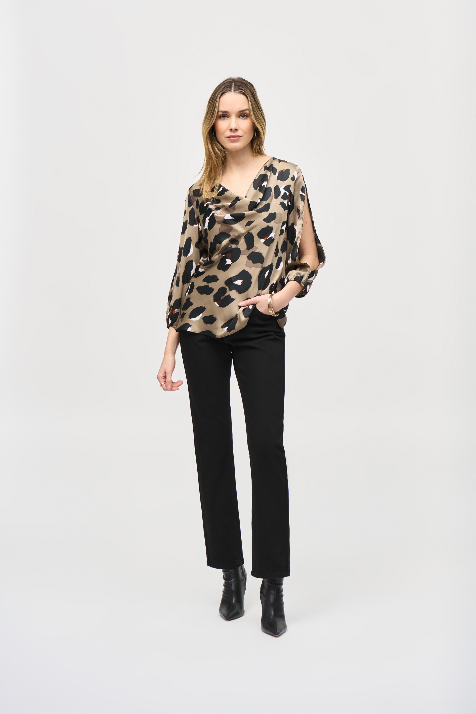 JOSEPH RIBKOF SATIN ANIMAL PRINT TOP STYLE 243108 COLOUR BLACK.MULTI