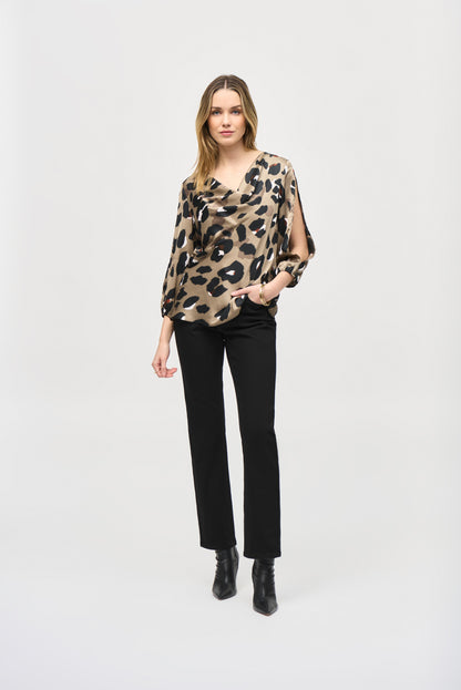 JOSEPH RIBKOF SATIN ANIMAL PRINT TOP STYLE 243108 COLOUR BLACK.MULTI