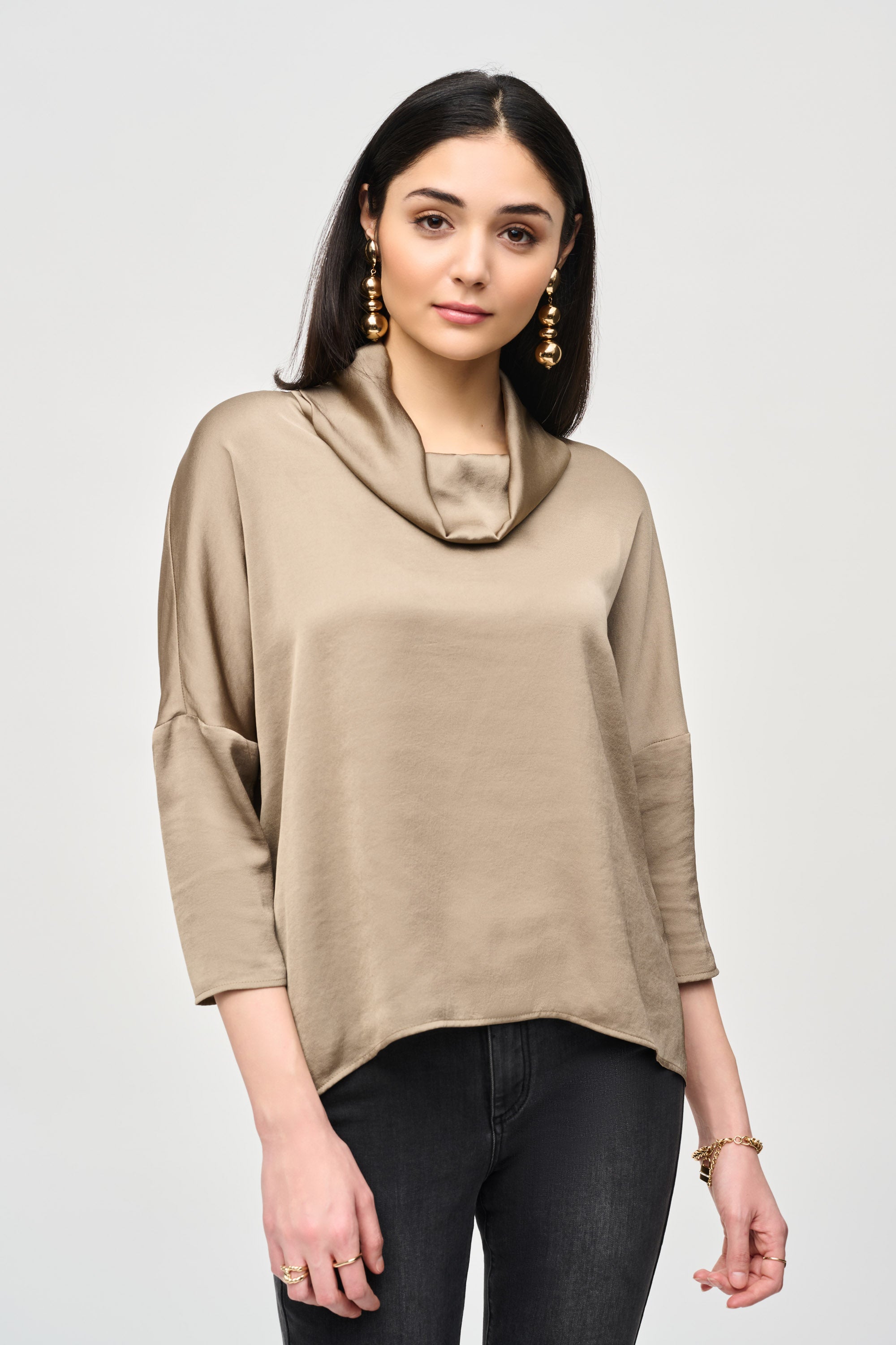 JOSEPH RIBKOFF SATIN COWL COLLAR TOP STYLE 243189 COLOUR JAVA