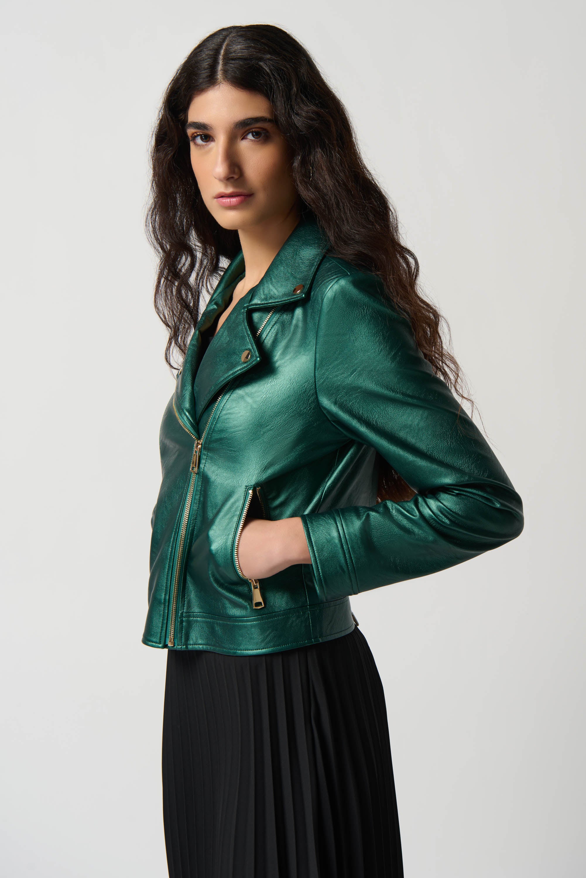 JOSEPH RIBKOFF METALLIC FAUX LEATHER JACKET STYLE 234902 COLOUR EMERALD