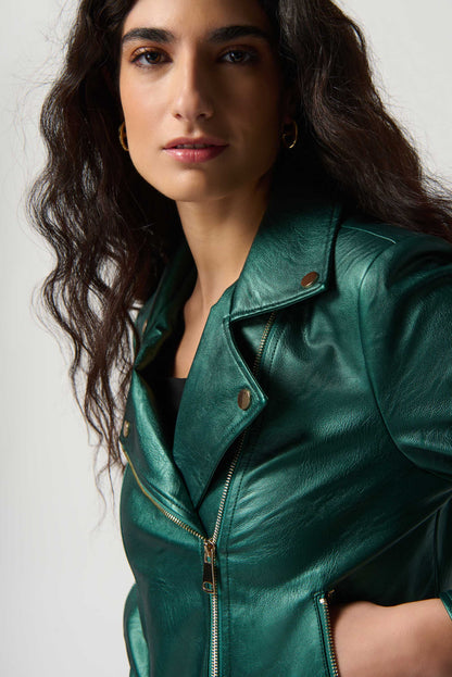 JOSEPH RIBKOFF METALLIC FAUX LEATHER JACKET STYLE 234902 COLOUR EMERALD