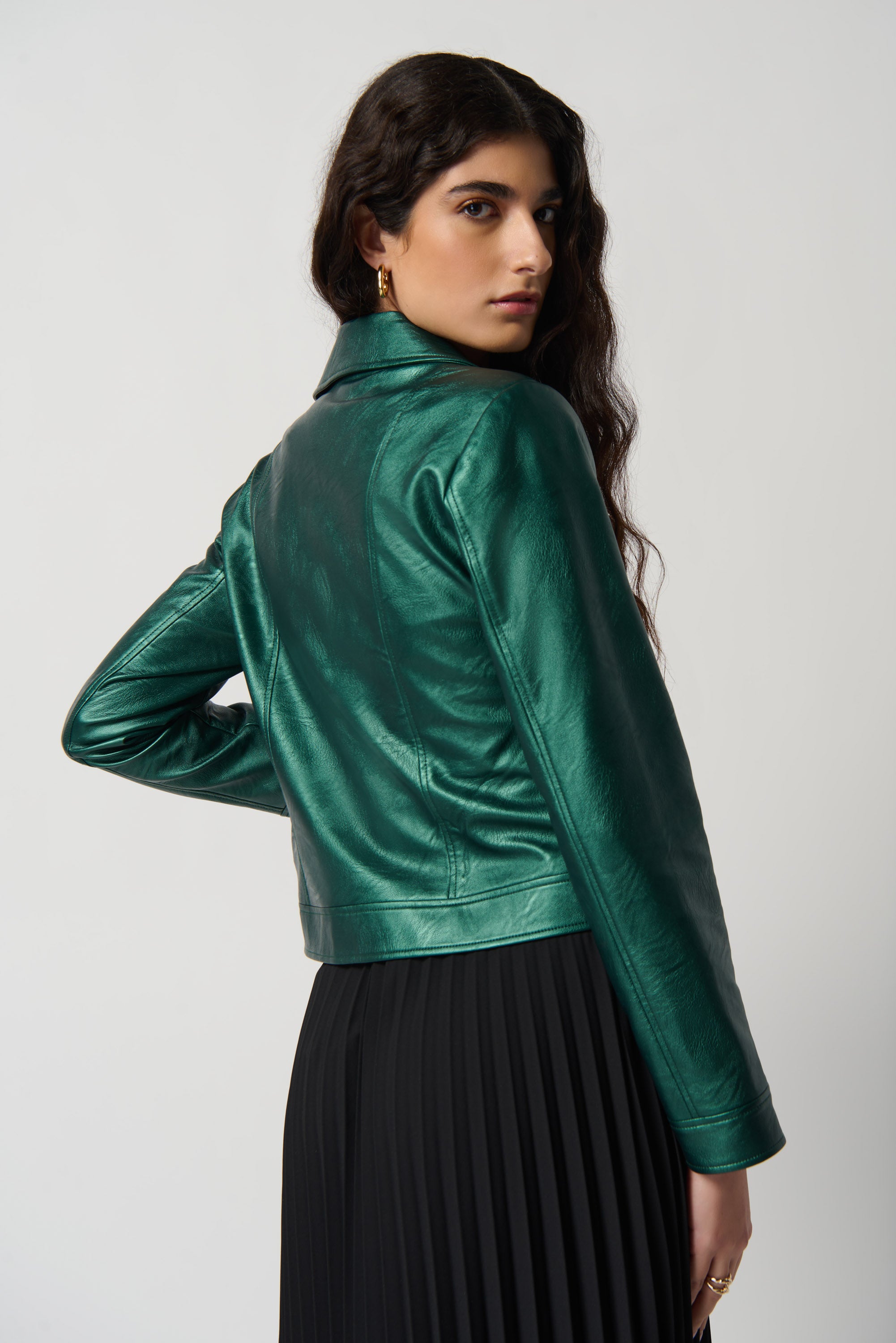 JOSEPH RIBKOFF METALLIC FAUX LEATHER JACKET STYLE 234902 COLOUR EMERALD