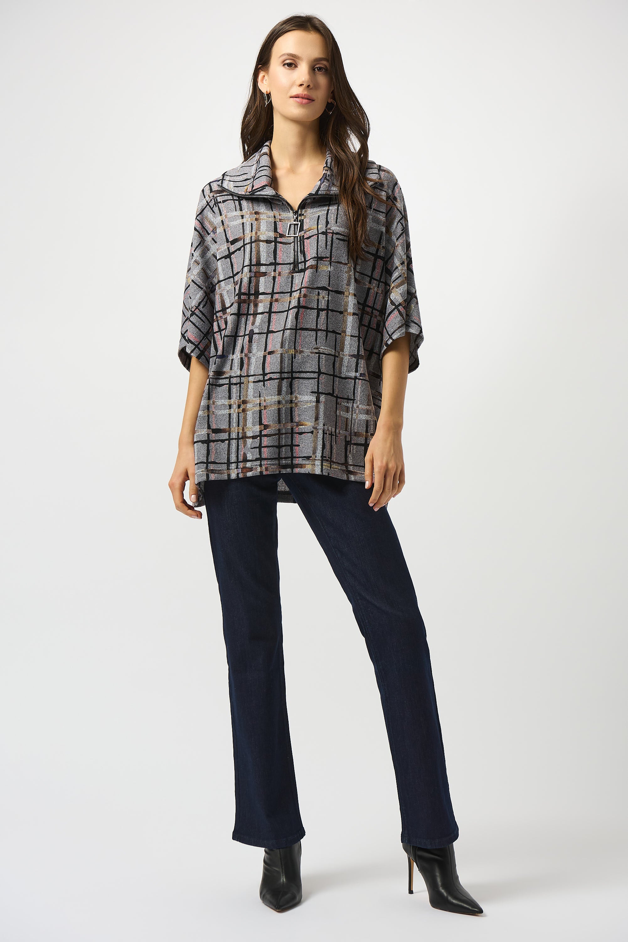 JOSEPH RIBKOFF PLAID PRINT TOP STYLE 253058 COLOUR GREY/MULTI
