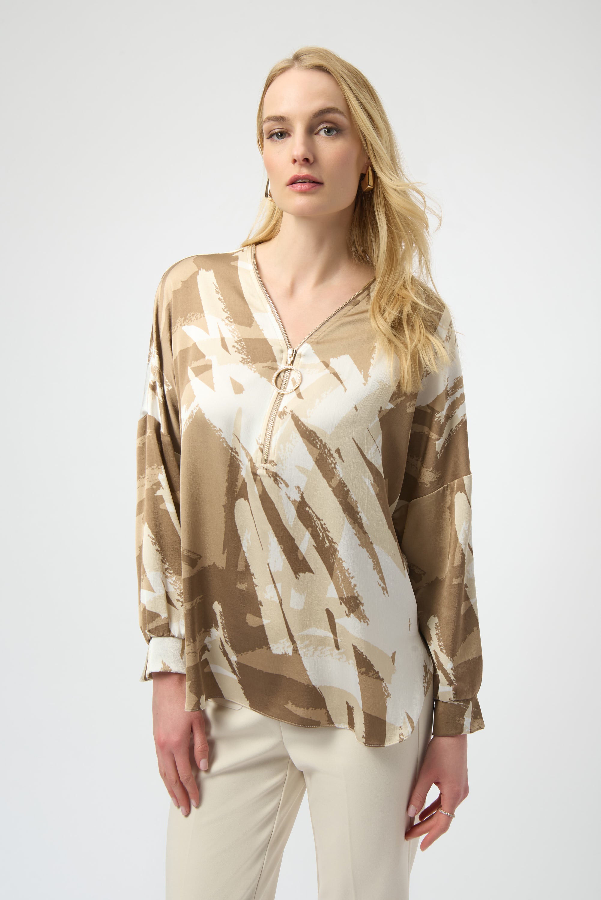 JOSEPH RIBKOFF TUNIC WITH ZIPPER DETAIL STYLE 254193 COLOUR BEIGE/OFF-WHITE