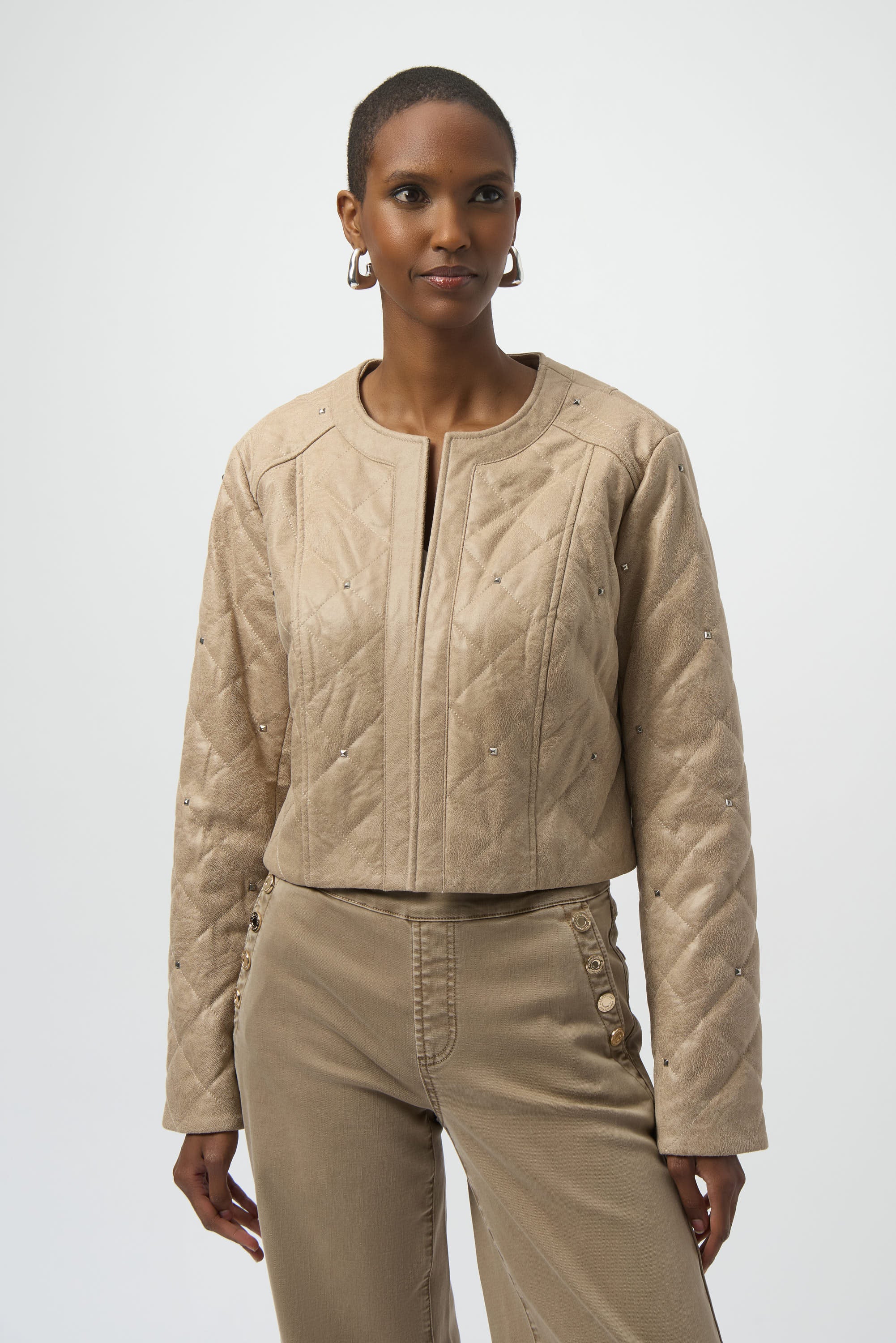 JOSEPH RIBKOFF FAUX SUEDE DIAMOND QUILTED JACKET STYLE 254929 COLOUR FAWN